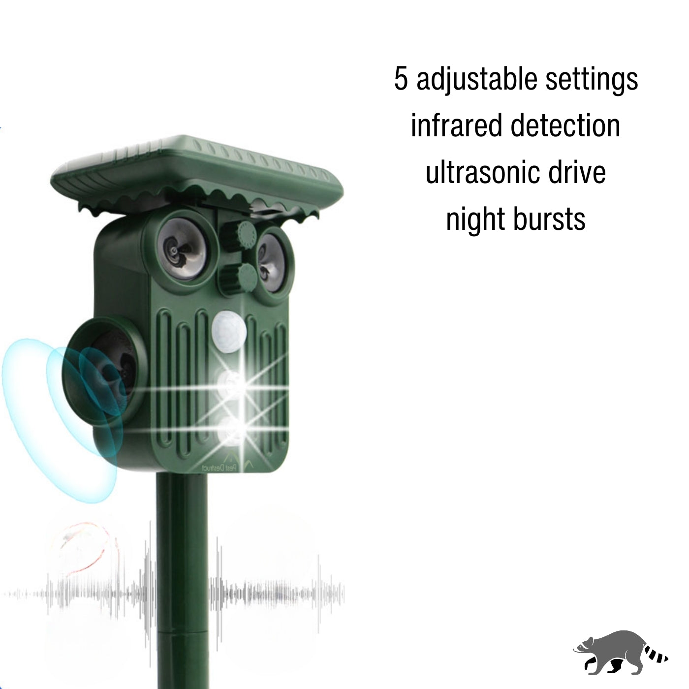 Upgraded Ultrasonic Solar Raccoon Repeller - 5 Adjustable Modes